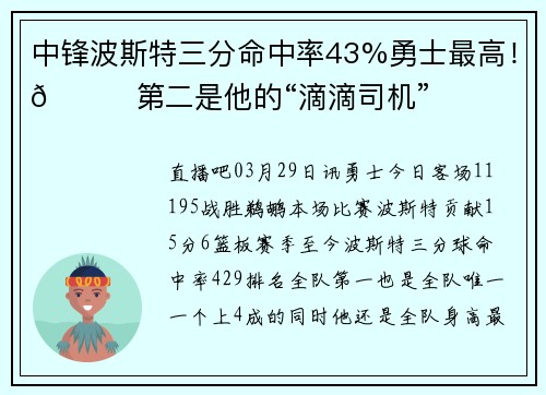 中锋波斯特三分命中率43%勇士最高！🚗第二是他的“滴滴司机”